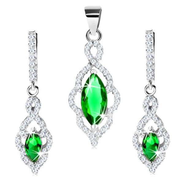 925 ezüst szett - fülbevaló és medál, levélkörvonal zöld cirkóniákkal