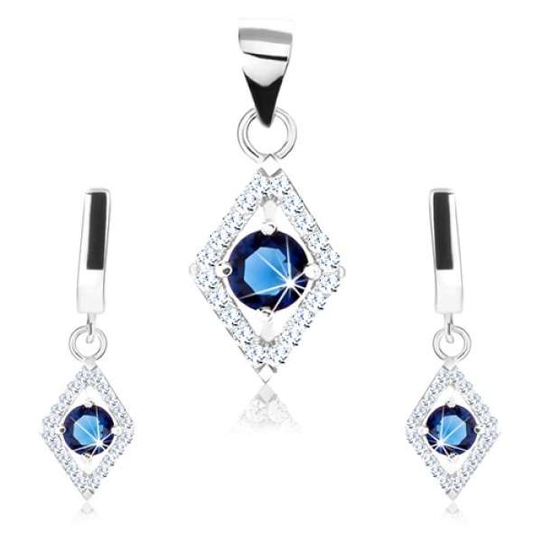 925 ezüst szett medálból és fülbevalóból, rombusz körvonal, kék cirkónia