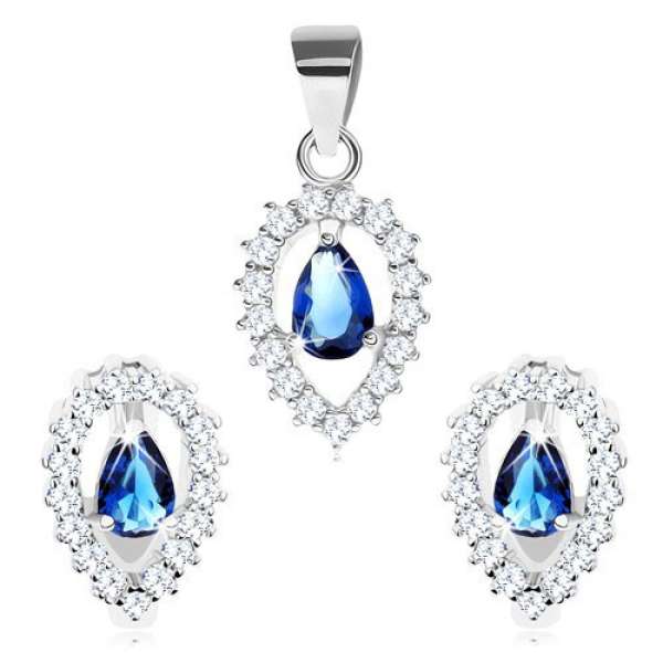 925 ezüst szett, medál és fülbevaló, fordított cseppkörvonal, kék csepp