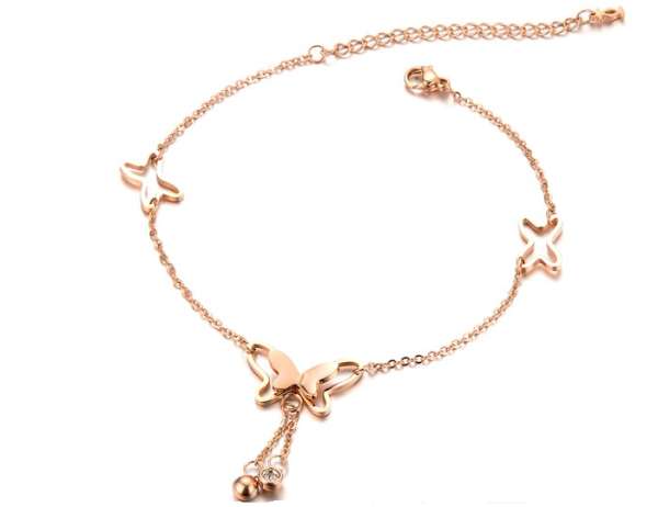 Acél lánc, csuklóra vagy bokára- pillangó kontúr, átlátszó cirkóniák láncon, réz színben