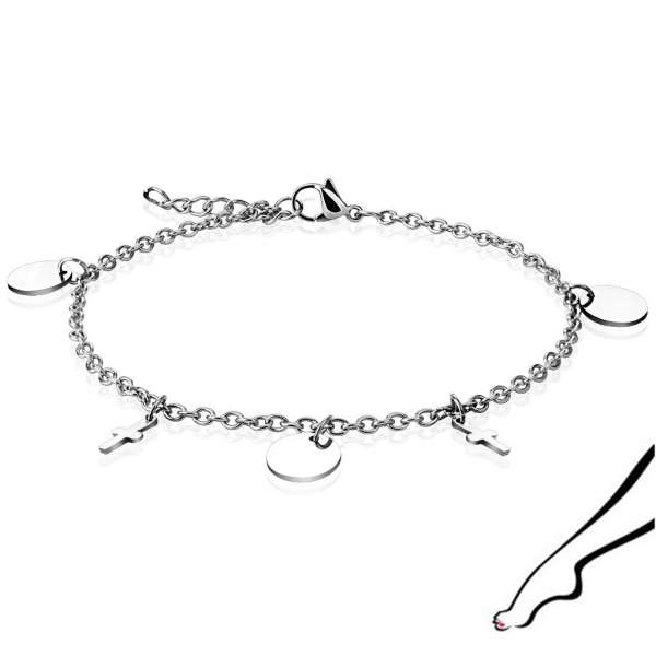 316L Acél bokalánc – kereszt, lapos kör, ezüst színű