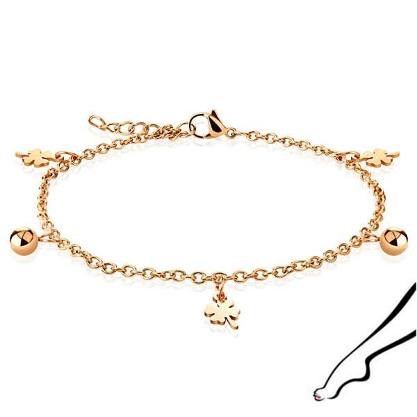 Acél bokalánc réz színben - sima négylevelű lóhere és gyöngyök