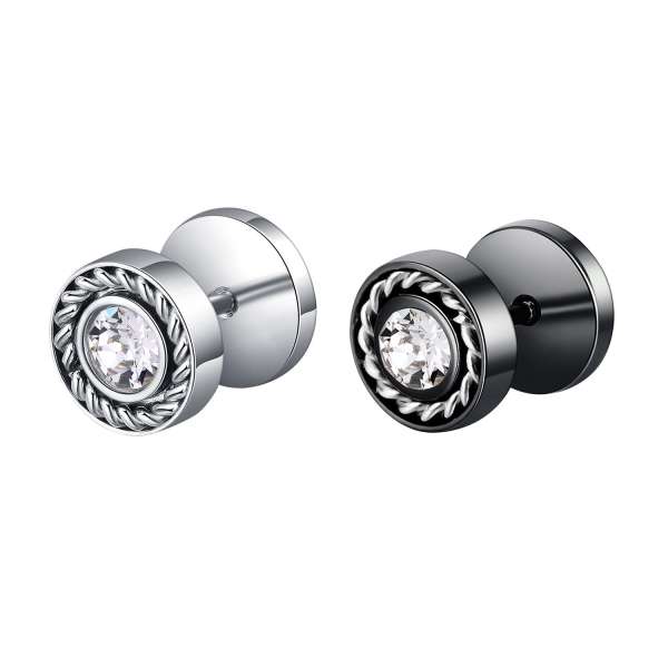 Acél álfültágító - nap motívum, kerek cirkónia, spirális sugarak - A cirkónia színe: Fekete - Átlátszó