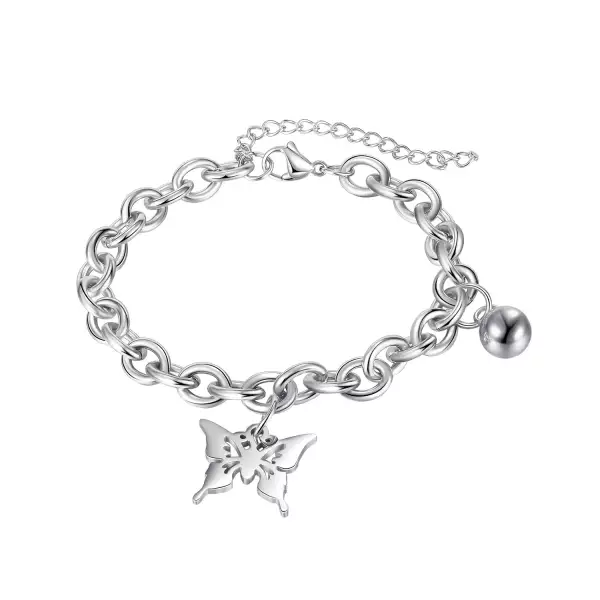 Acél karkötő ezüst színben - egy pillangó faragott szárnyakkal, egy gyöngyszemmel