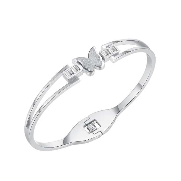 Acél ezüst színű karkötő - egy pillangó homokfúvott szárnyakkal, egy cirkóniával