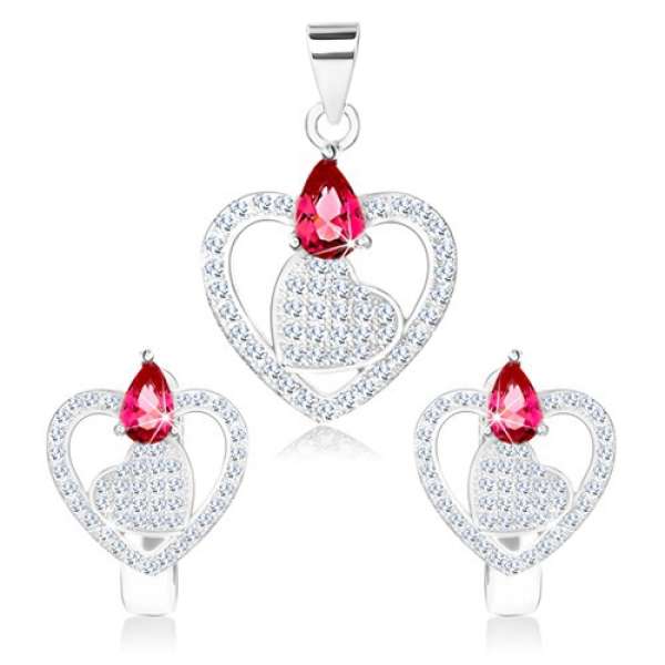 925 ezüst szett, medál és fülbevaló, szív kontúrban, cirkóniás könnycsepp