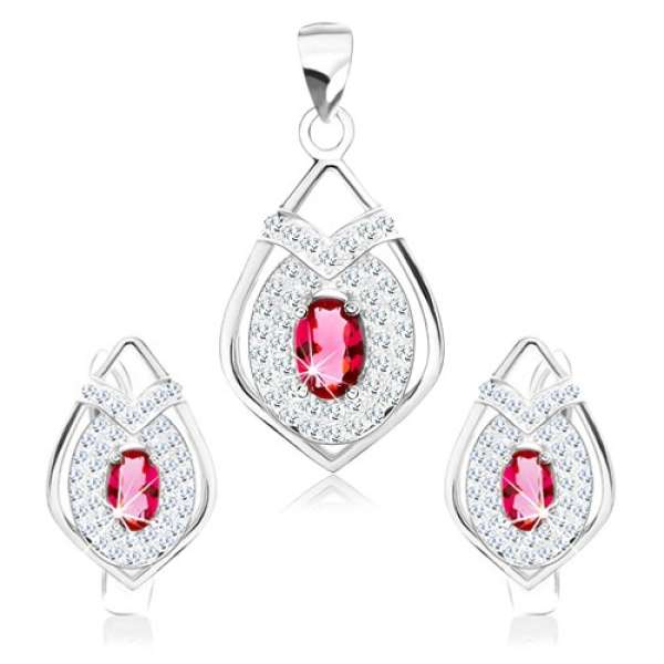 925 ezüst szett, fülbevaló és medál, csúcsos könnycsepp körvonal, rózsaszín cirkónia