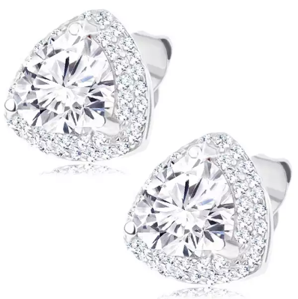 925 ezüst bedugós fülbevaló - csillogó cirkónia háromszög, átlátszó szegély