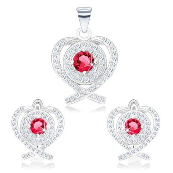 925 ezüst fülbevaló és medál, szív - keresztezett vonalak, rózsaszín cirkónia