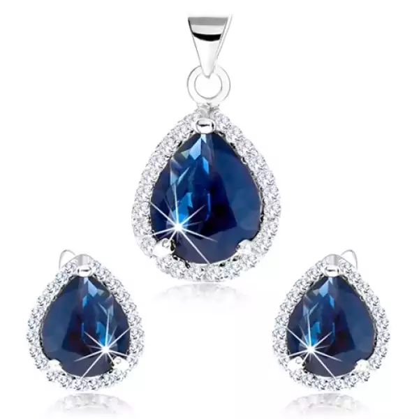 925 ezüst szett, medál és fülbevaló, kék cirkónia - könnycsepp, átlátszó keret