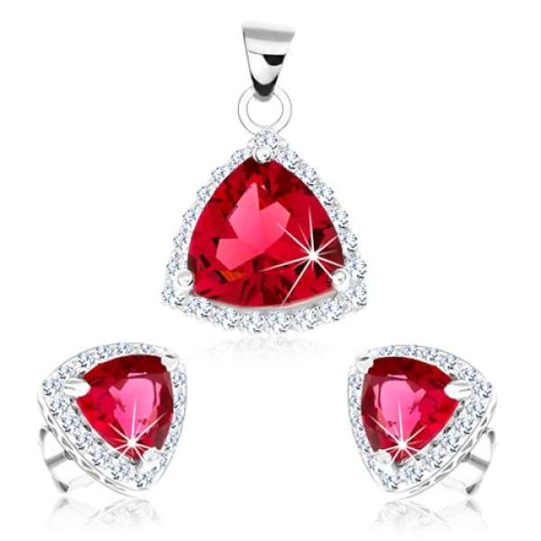 925 ezüst szett, medál és fülbevaló, piros cirkóniás háromszög, átlátszó szél