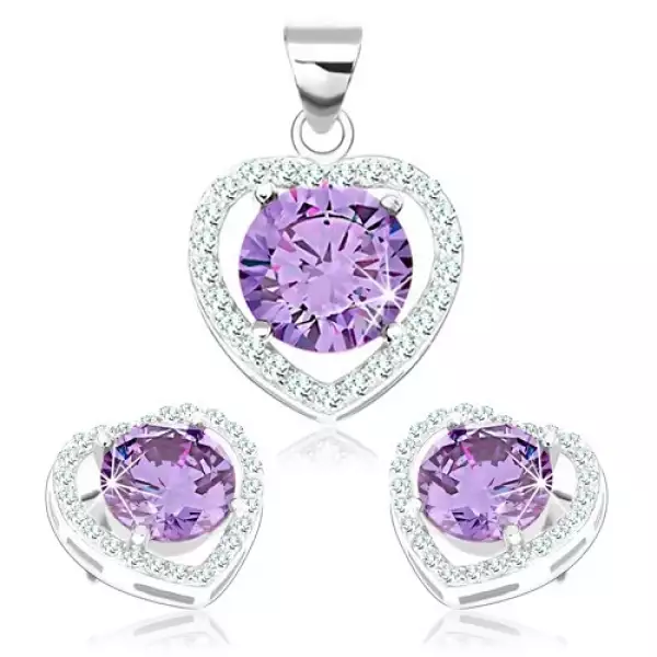 Szett 925 ezüstből, fülbevaló és medál, szív kontúr, cirkónia tanzanit színben
