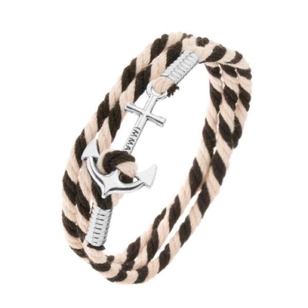 Bézs-fekete zsinóros karkötő, vasmacska ezüst színben felirattal