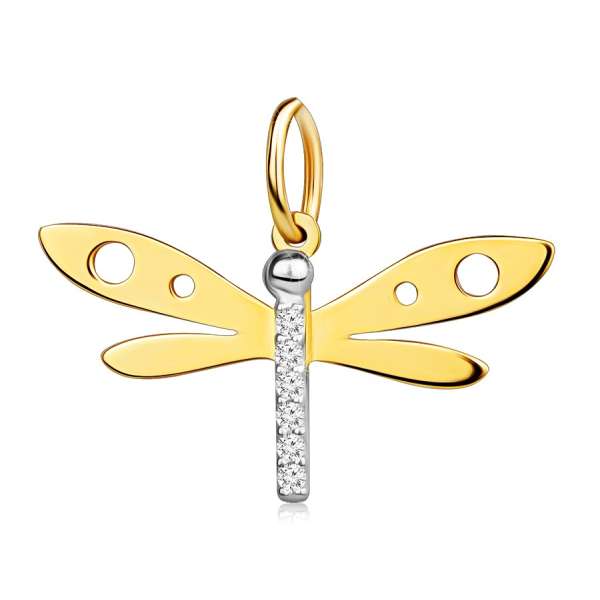 14K kombinált arany medál - szitakötő, apró cirkóniák, kivágások a szárnyakban