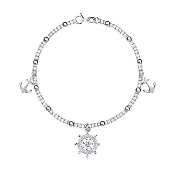 925 ezüst karkötő tengeri motívummal - sima horgonyok, kormánykerék átlátszó cirkóniákkal