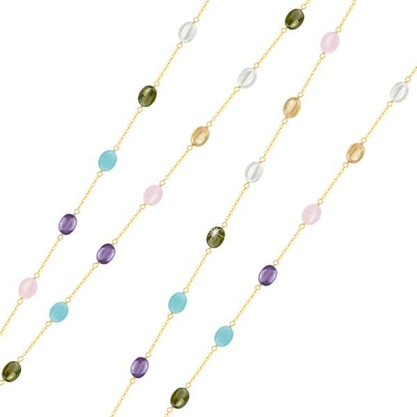 Hosszú nyaklánc 375 sárga aranyból - színes ovális cirkóniák, 1100mm