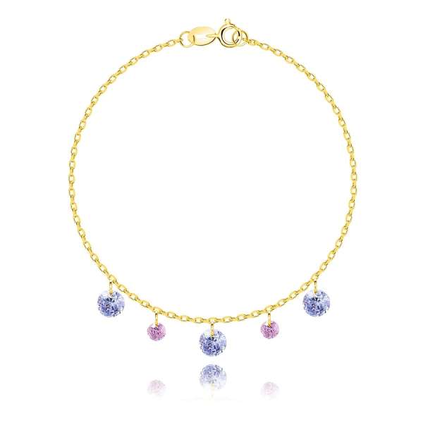 925 ezüst karkötő - arany színben, levendula és rózsaszín színű cirkóniák, vékony láncon.