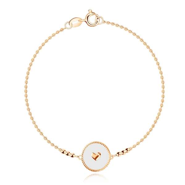 925 ezüst karkötő - rózsaarany színű, szívecskés, fehér mázas körrel