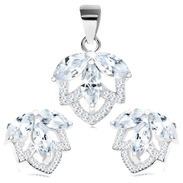 925 ezüst szett - fülbevaló és medál, csillogó virág átlátszó cirkóniából