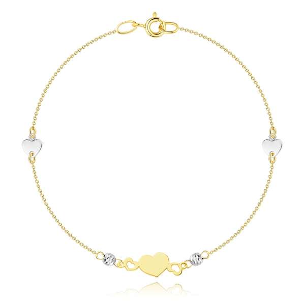 14K kombinált arany karkötő - szív motívum, strukturált gyöngyökkel