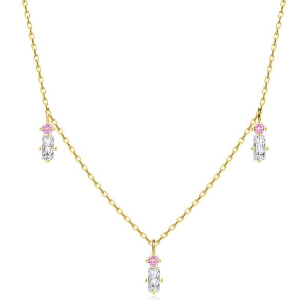 14K sárga arany nyaklánc - rózsaszín kerek és átlátszó téglalap alakú cirkóniák