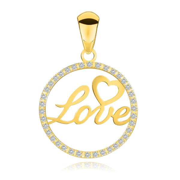 14K sárga arany medál -  Love felirattal és szívvel, cirkóniás körben