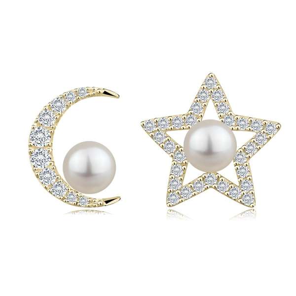 585 sárga arany fülbevaló - hold és csillag, fehér édesvízi gyöngy, cirkónia