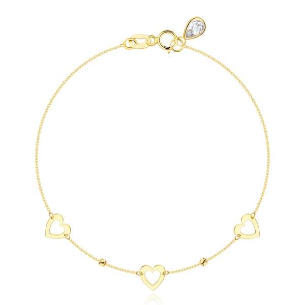 585 sárga arany karkötő - lapos szív körvonalak, golyók bevágásokkal, cirkónia 