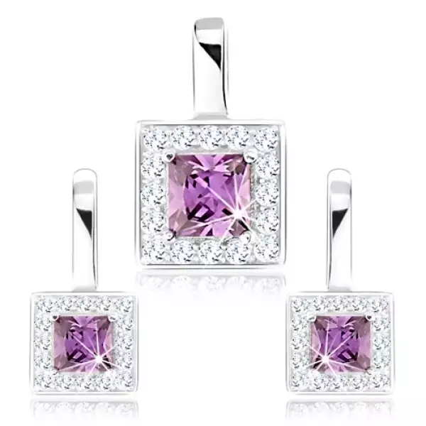 925 ezüst szett fülbevalóból és medálból, lila ciróniás négyzet, átlátszó keret