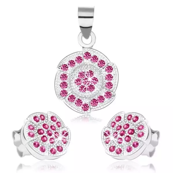 Szett fülbevalóból és medálból, 925 ezüst, kör bemetszésekkel, rózsaszín cirkóniák