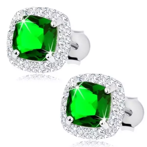 925 ezüst fülbevaló, zöld cirkóniás négyzet, kettős átlátszó szegély, beszúrós