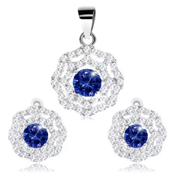925 ezüst medál és fülbevaló szett, átlátszó cirkóniás nap, sötétkék kör alakú cirkónia