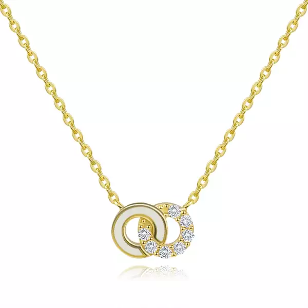 375 sárga arany nyaklánc - egymásba kapcsolódó körök, fehér máz, átlátszó cirkóniák