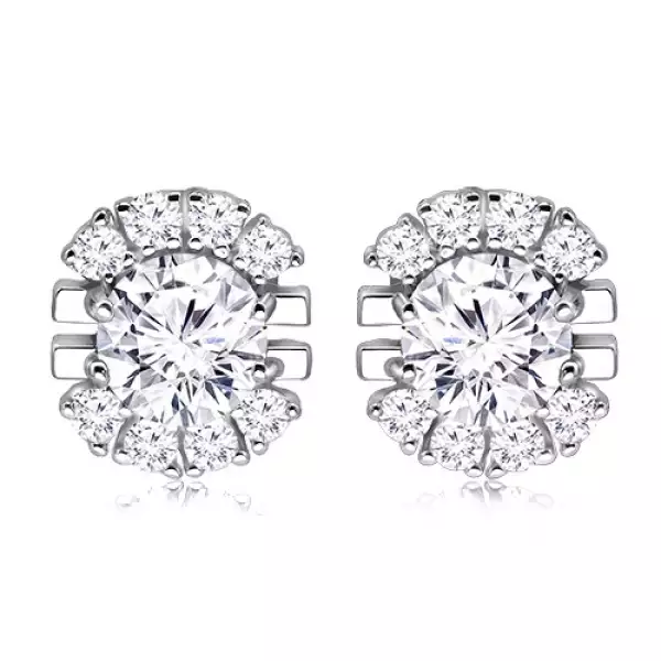 925 ezüst fülbevaló ródium bevonattal  – virág motívum aszimmetrikus szirmokkal, kerek cirkónia