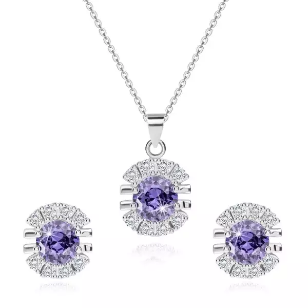 925 ezüst kétrészes készlet – fülbevaló és medál lila cirkóniával, átlátszó cirkónium vonallal körvonalazva