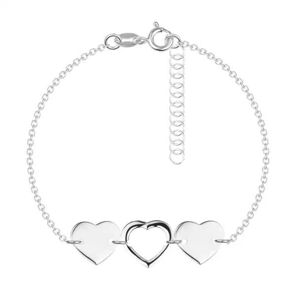 925 ezüst karkötő - két tömör szív, egy körvonal, fényes felülettel