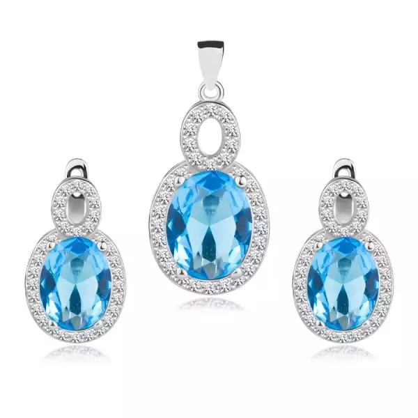 925 ezüst szett, medál és fülbevaló, ovális cirkónia akvamarin színben