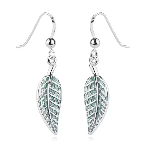 925 ezüst fülbevaló - zöld levelek fényes erekkel, afrikai akasztóval
