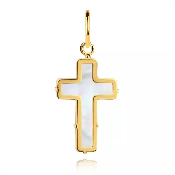 9K sárga arany medál - latin kereszt fehér gyöngyházzal