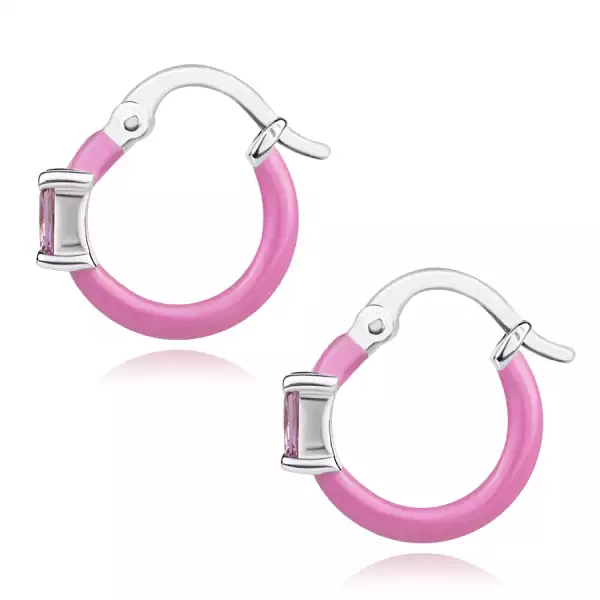 925 ezüst karika fülbevaló  - ezüst-rózsaszín színben, rózsaszín cirkóniával
