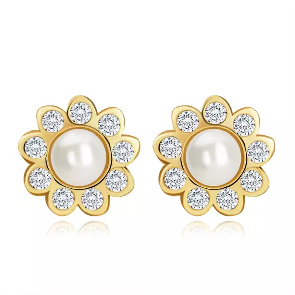 9K sárga arany fülbevaló - szirmok átlátszó cirkóniákkal, tenyésztett gyönggyel,stekkerzár