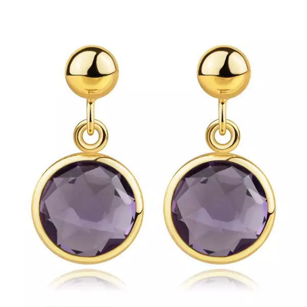 14K sárga arany fülbevaló - golyó, ametiszt sima szegéllyel, stekkerzárral