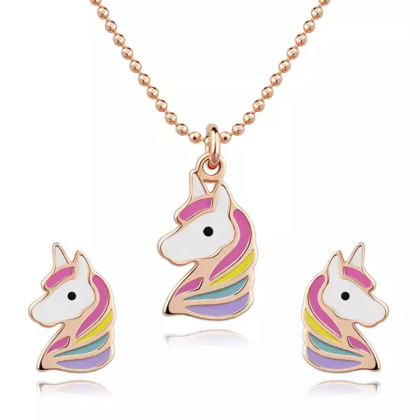 925 ezüst kétrészes szett - nyaklánc és fülbevaló, színes egyszarvú, rózsaszín arany színű