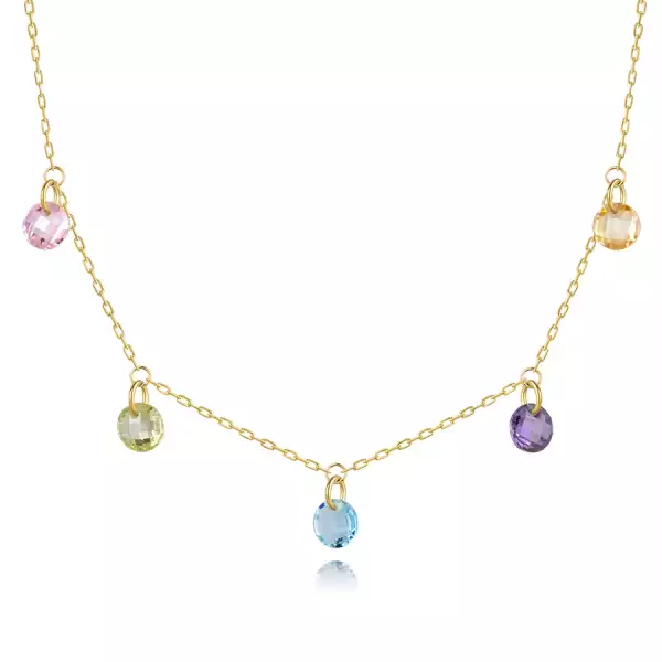 9K sárga arany nyaklánc - színes szintetikus kövek és cirkóniák