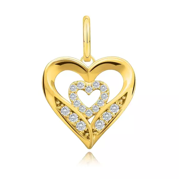 9K sárga arany medál - két szív körvonala, kerek cirkónia