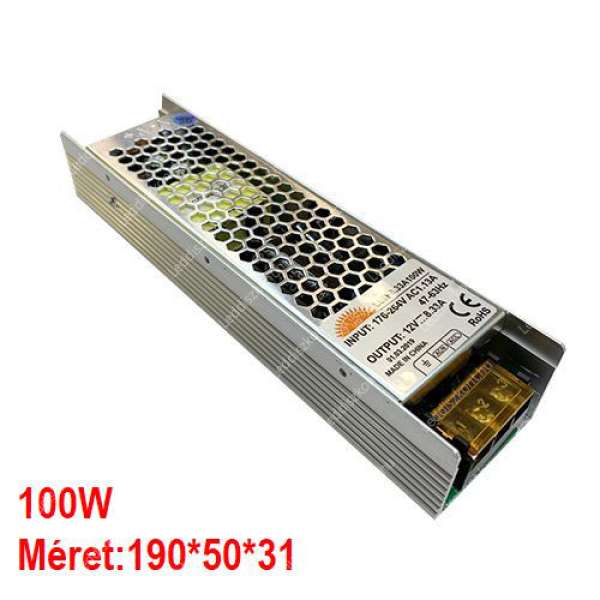 LED trafó 12V IP20 100W/8A fémházas 3 év garancia
