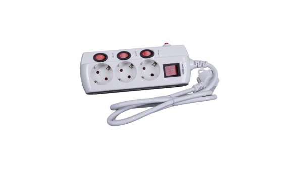 Elosztó 3-as 1,5m 3x1,5mm2 vezetékkel kapcsolókkal Fehér