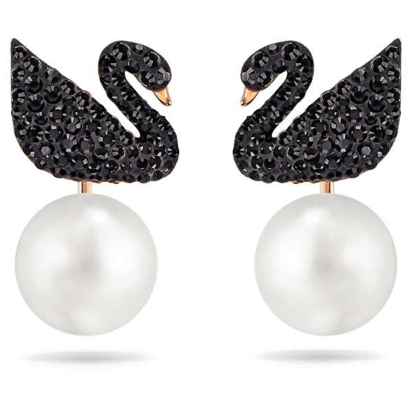 Swarovski ikonikus hattyú bedugós fülbevaló-függesztő, fekete, rozéarany árnyalatú bevonattal