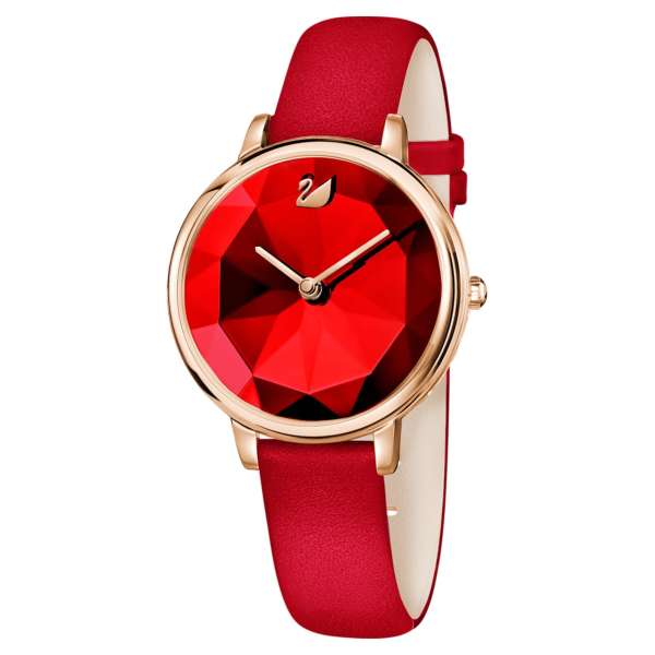Swarovski Crystal Lake karóra, bőrszíj, piros, rozéarany árnyalatú PVD