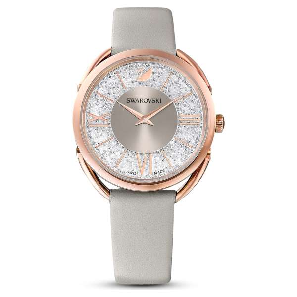 Swarovski Crystalline Glam karóra, bőrszíj, szürke, rozéarany árnyalatú PVD